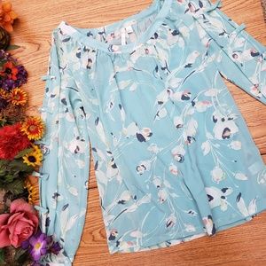 LC Lauren Conrad Turquoise Floral Bow Sleeve Top